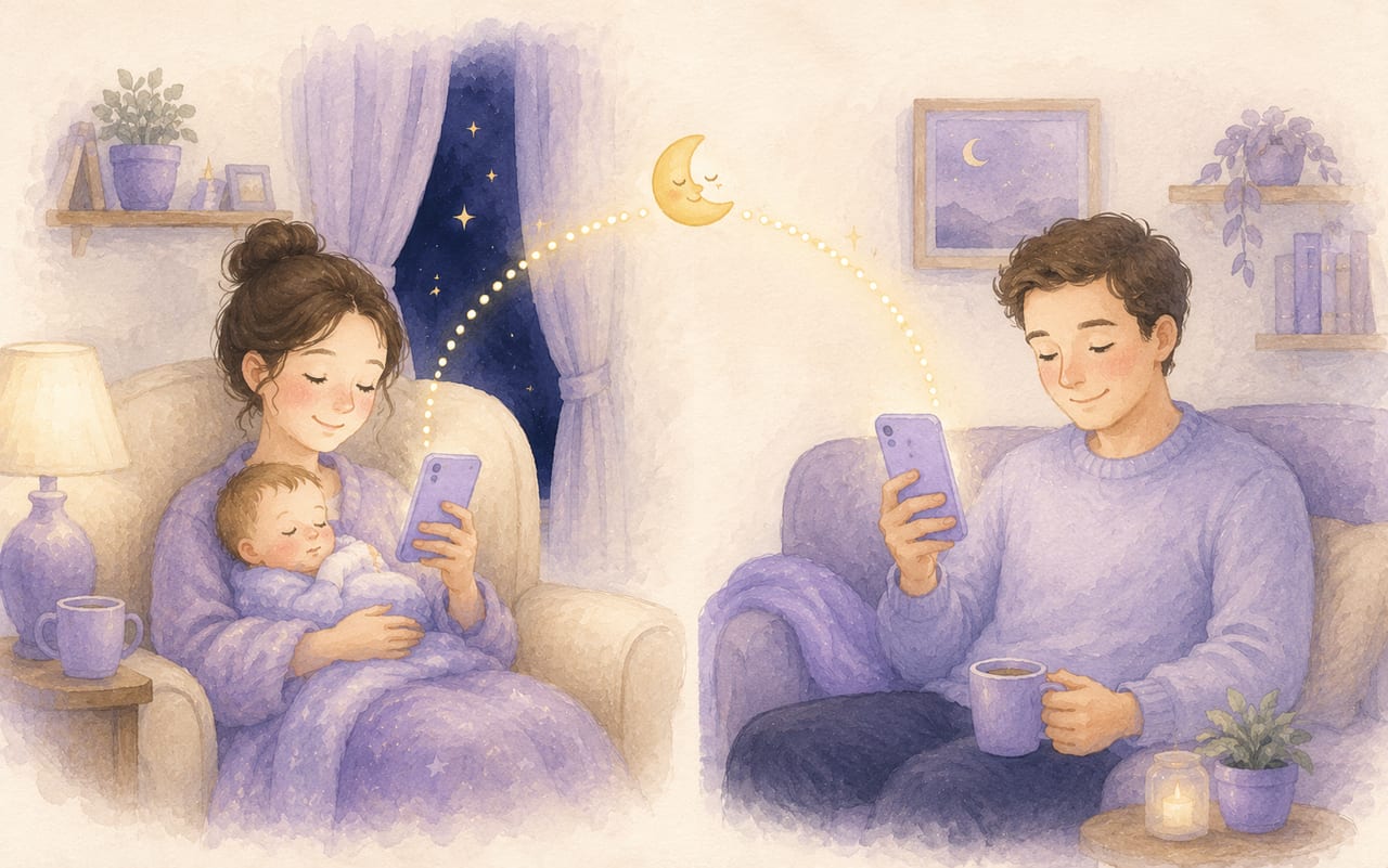 Deux parents suivent le sommeil de leur bébé, chacun sur son téléphone, reliés par une lune bienveillante