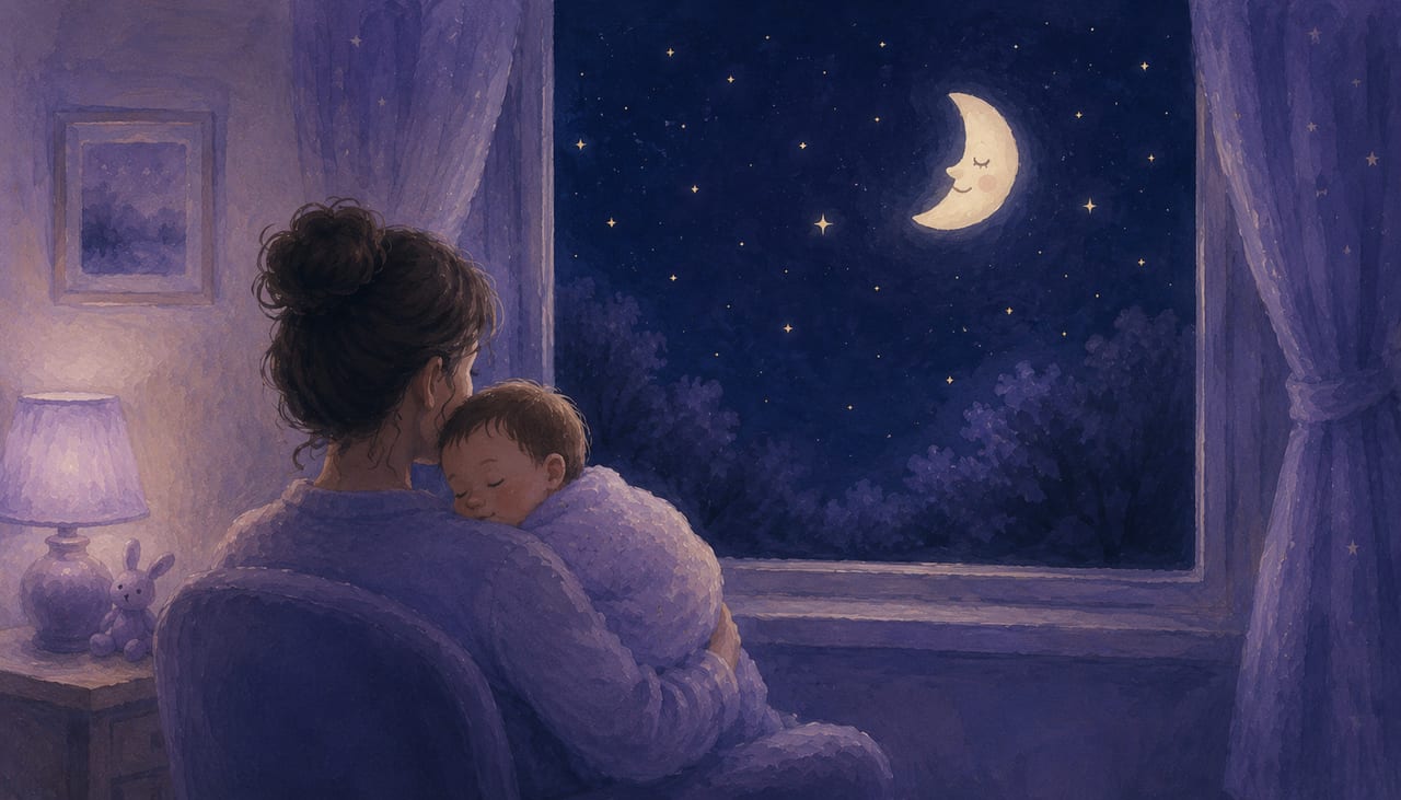 Un parent berce son bébé endormi près de la fenêtre, sous une lune bienveillante